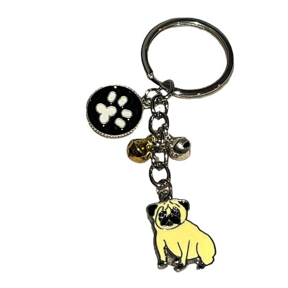 Pug and Bells Pet Keychain Silver Yellow - Picture 4 of 4
